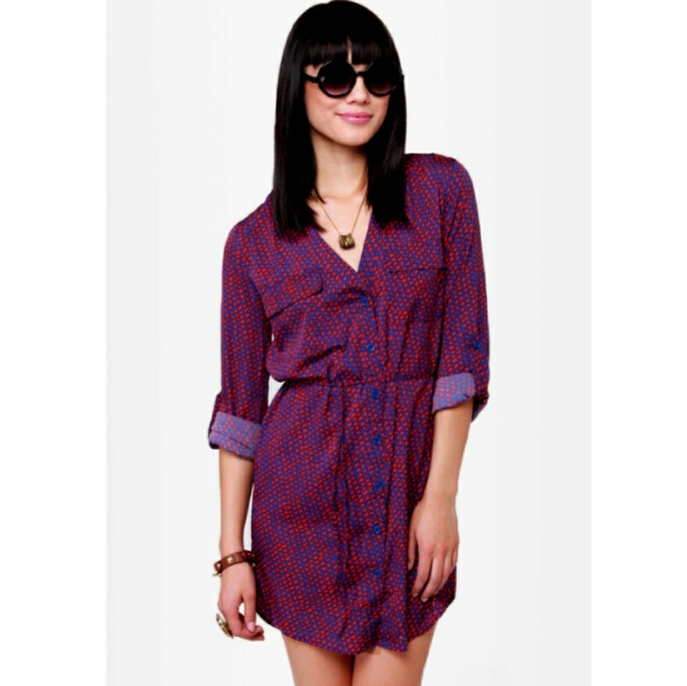 🆕 O'Neill Shirt-Dress Navy with Red Print & Roll-up Sleeve Tabs & Belt Sash. NWT